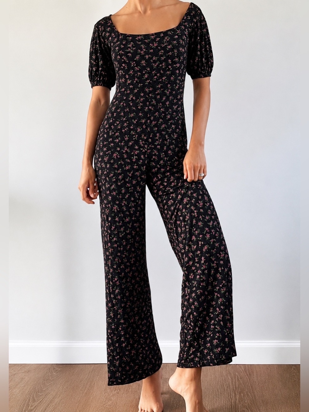 Nasty Gal black floral jumpsuit, size 2
